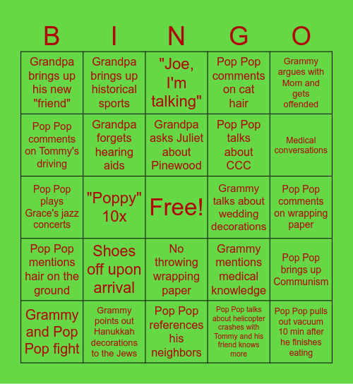 Grandparents' Early Christmas Bingo Card