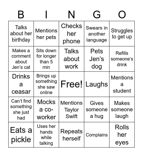 Natasha Bingo Card