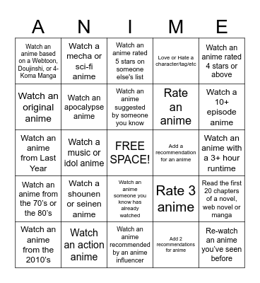 Anime Bingo 2026 Bingo Card