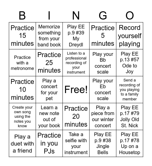7th Winter Break Practice Bingo Card