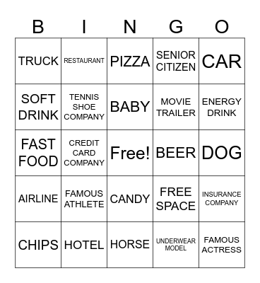 TV Commercial Bingo Card