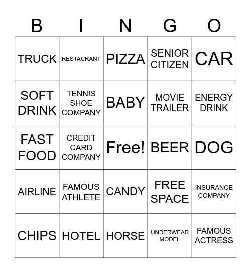 TV Commercial Bingo Card