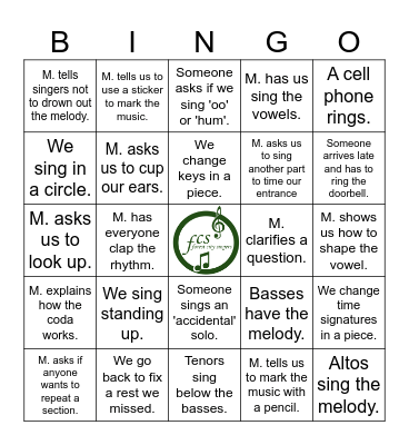 Forest City Singers Rehearsal BINGO Card