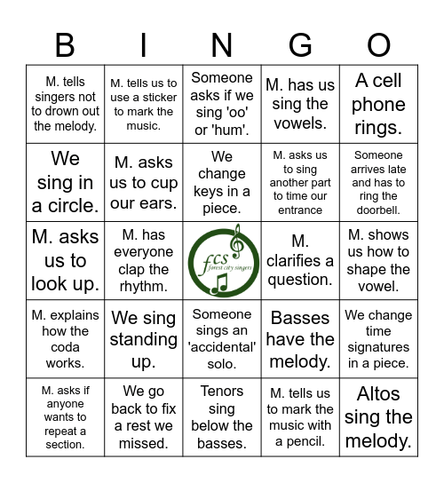 Forest City Singers Rehearsal BINGO Card