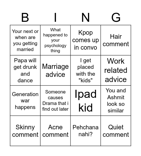 Wedding Bingo Card