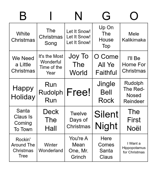 Christmas Songs Bingo Card