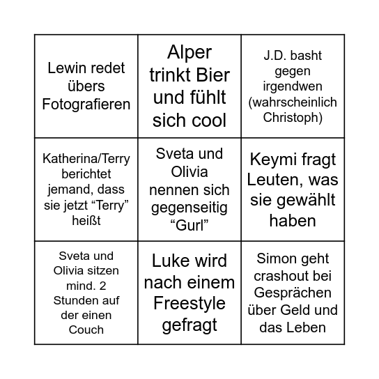 Montag bei J.D. Bingo Card