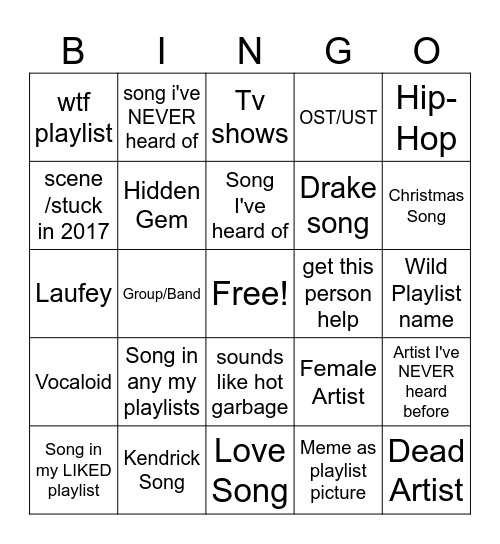 Friend Music Bingo Card