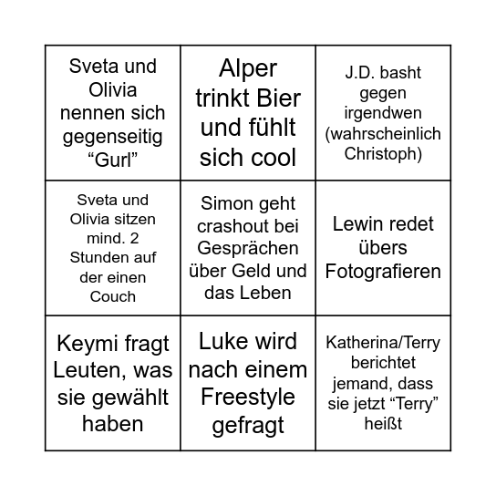 Montag bei J.D. Bingo Card