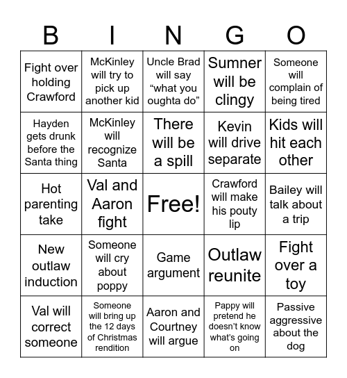 Family Christmas Bingo Card