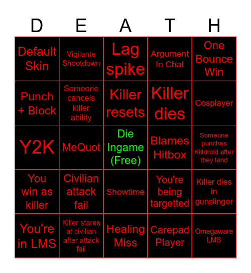 Die of Death Bingo Card