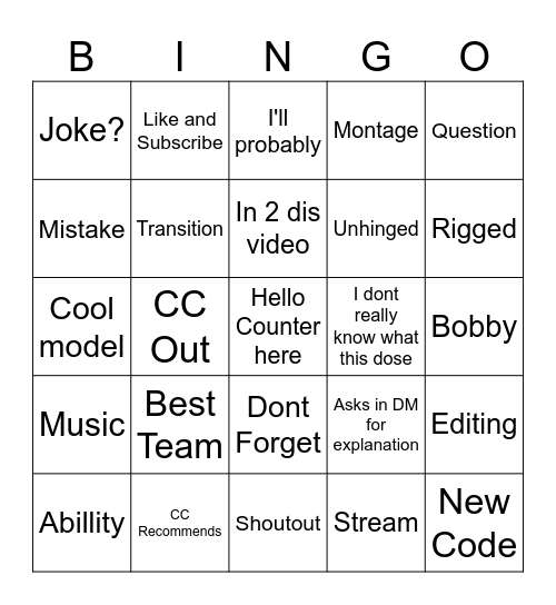 CC PC Video Bingo Card