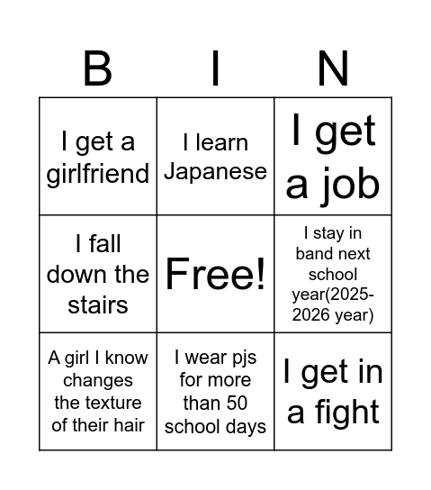 2025 school year Bingo Card