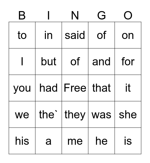 Sight Words Bingo Card