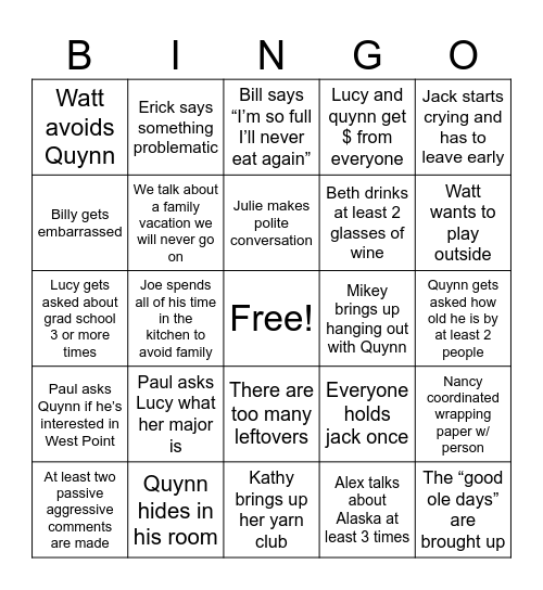 Adkins Family Bingo Card