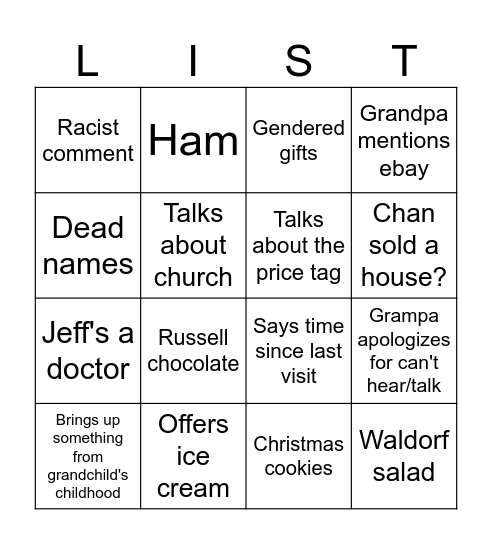 Family Checklist Bingo Card