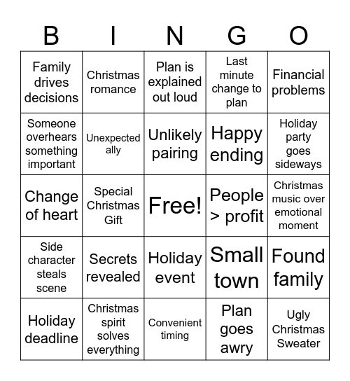 Christmas Movie Cliches Bingo Card