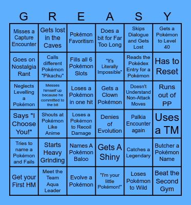 GREASE'S POKEMON NUZLOCKE BINGO Card