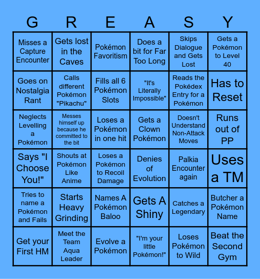 GREASE'S POKEMON NUZLOCKE BINGO Card