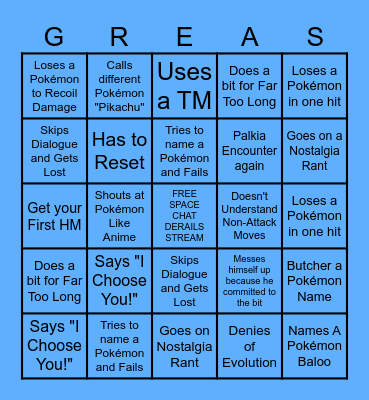 GREASE'S POKEMON NUZLOCKE BINGO Card