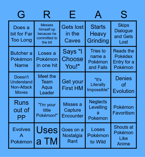 GREASE'S POKEMON NUZLOCKE BINGO Card