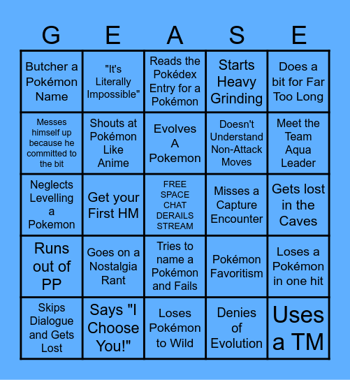 GREASE'S POKEMON NUZLOCKE BINGO Card