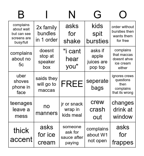 Hungry Jacks Bingo Card