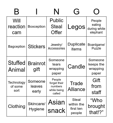 White Elephant Bingo Card