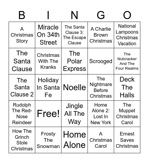 Christmas Movies Bingo Card
