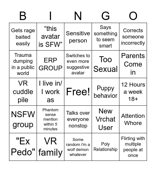vrchat bingo Card