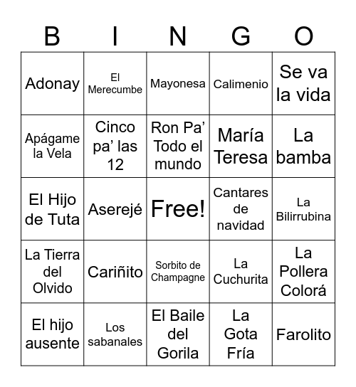 Bingo Musical Bingo Card