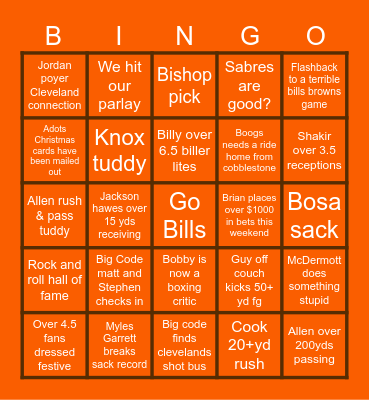 Bills vs Browns Bingo Card