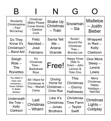 Christmas Songs Bingo Card