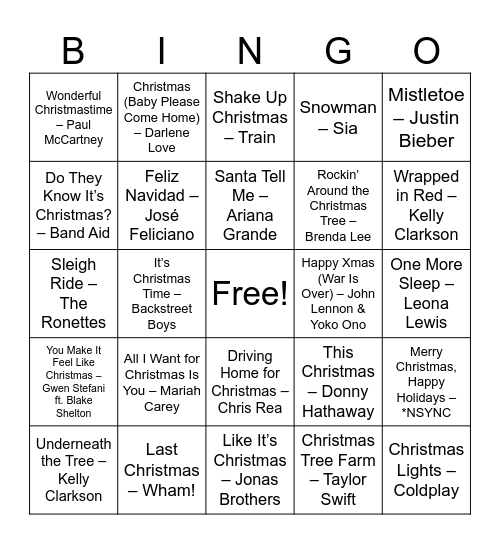 Christmas Songs Bingo Card