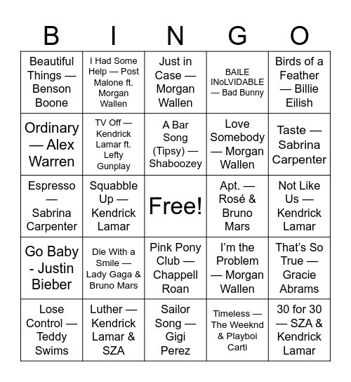 Top 25 Hit Songs of 2025 Bingo Card