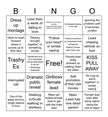 Trashy Romance Movie Bingo Card
