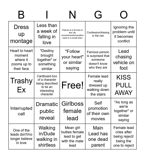 Trashy Romance Movie Bingo Card