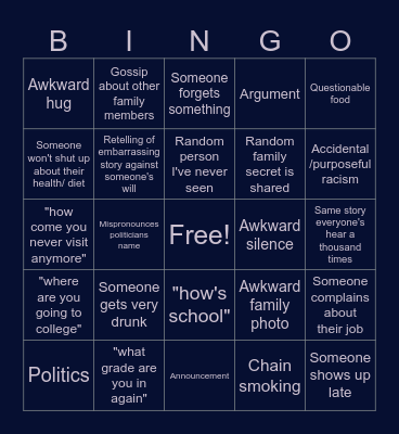 Family gatherings Bingo Card