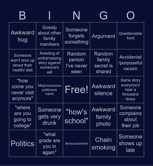Family gatherings Bingo Card