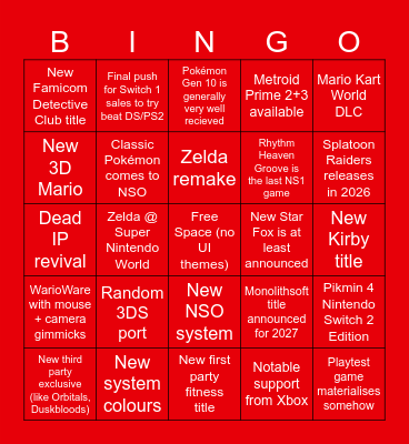Nintendo 2026 Bingo Card