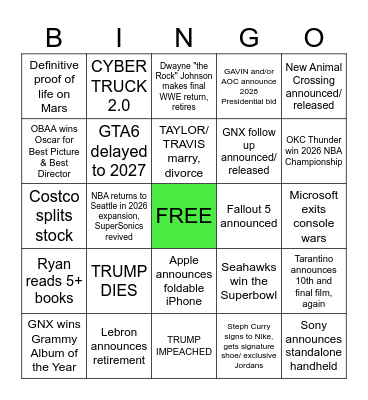 RYAN'S 2026 PREDICTIONS Bingo Card