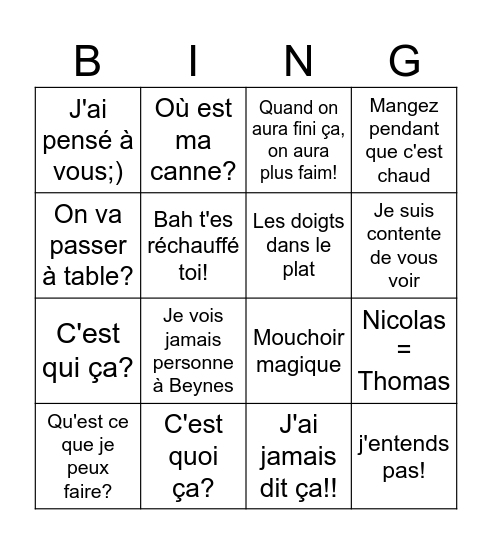 Mamigo! Bingo Card