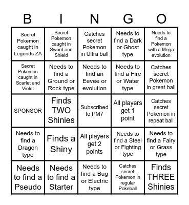 PM7 Secret Pokemon Bingo Card