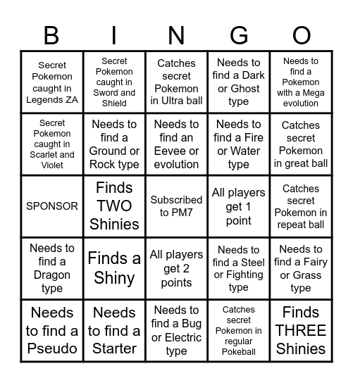 PM7 Secret Pokemon Bingo Card