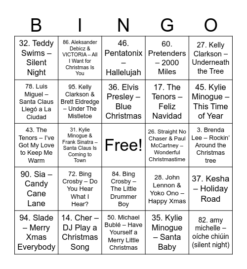 Christmas Songs Bingo Card