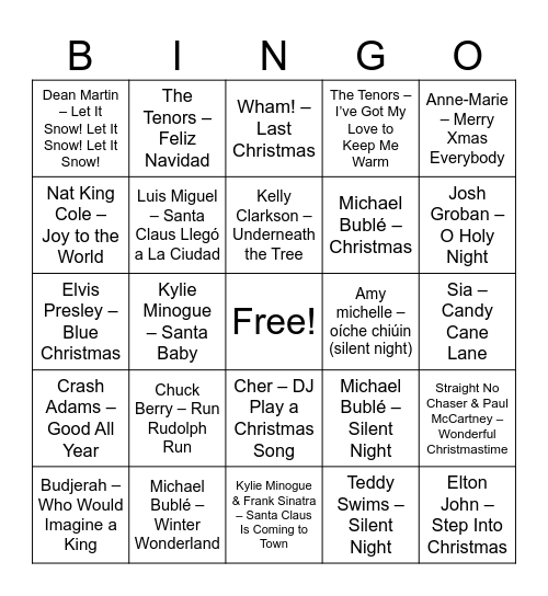 Christmas Songs Bingo Card