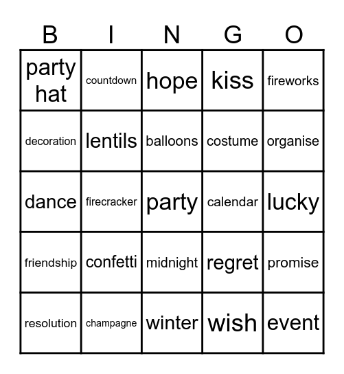 New Year's Eve Bingo Card