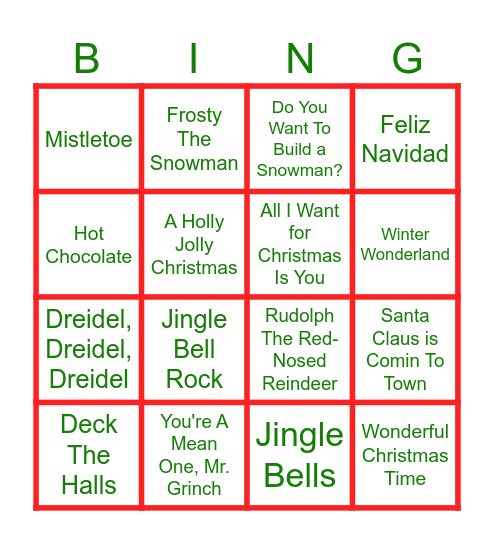 Holiday Music BINGO Card