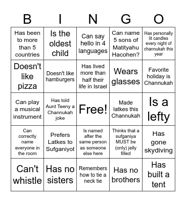 Samter Family Channukah Bingo Card