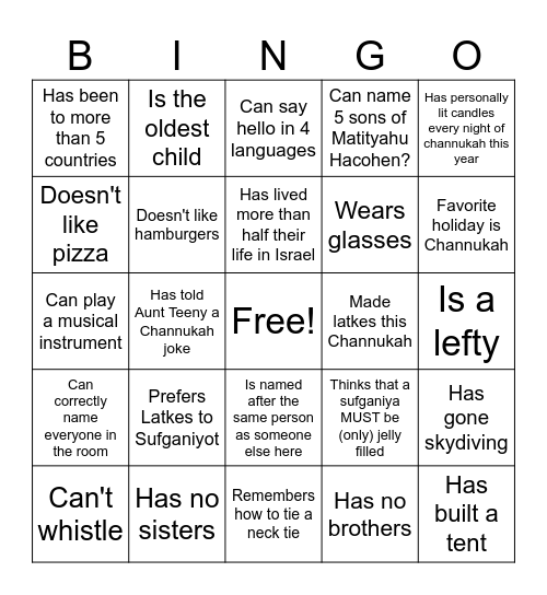 Samter Family Channukah Bingo Card